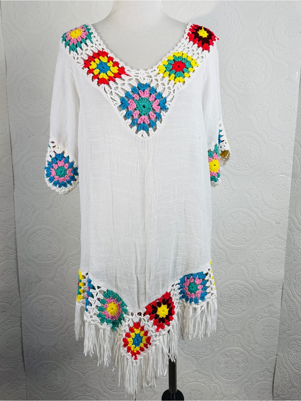 India Boutique Women's White Boho Tunic Crochet Cover Up Top Beach One Size